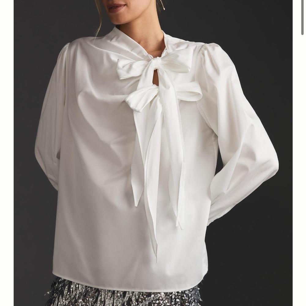 Anthropologie Maeve Poplin Cotton Tie Neck Blouse